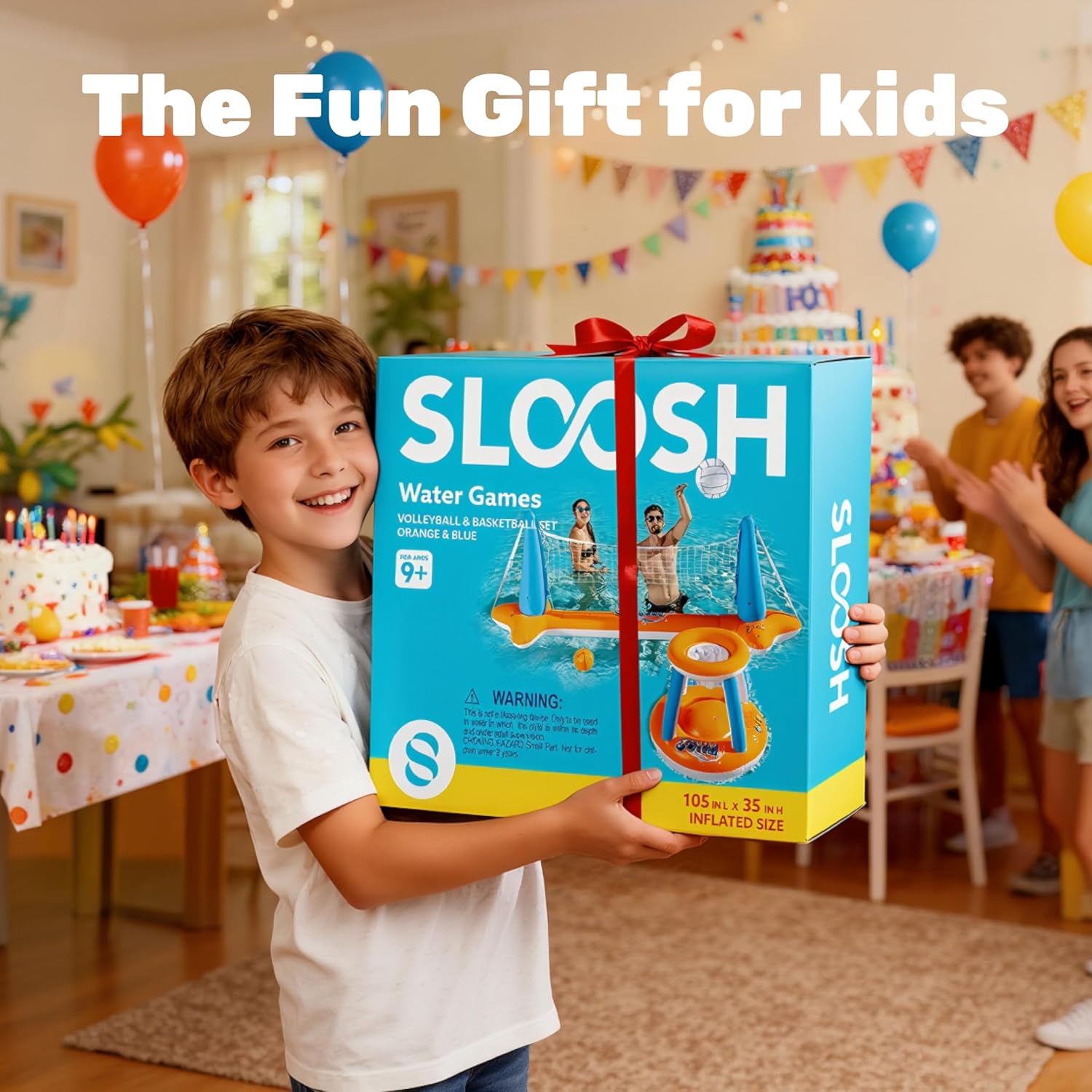 JOYIN Inflatable Pool Float Set Volleyball Net & Basketball Hoops, Floating Swimming Game Toy for Kids and Adults, Summer Floaties, Volleyball Court (105”x28”x38”)|Basketball (27.6”x23”),L-Orange Orange Large