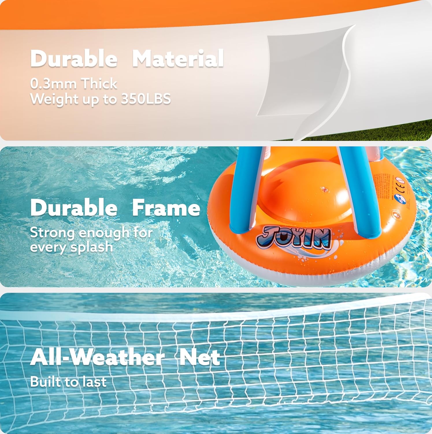 JOYIN Inflatable Pool Float Set Volleyball Net & Basketball Hoops, Floating Swimming Game Toy for Kids and Adults, Summer Floaties, Volleyball Court (105”x28”x38”)|Basketball (27.6”x23”),L-Orange Orange Large