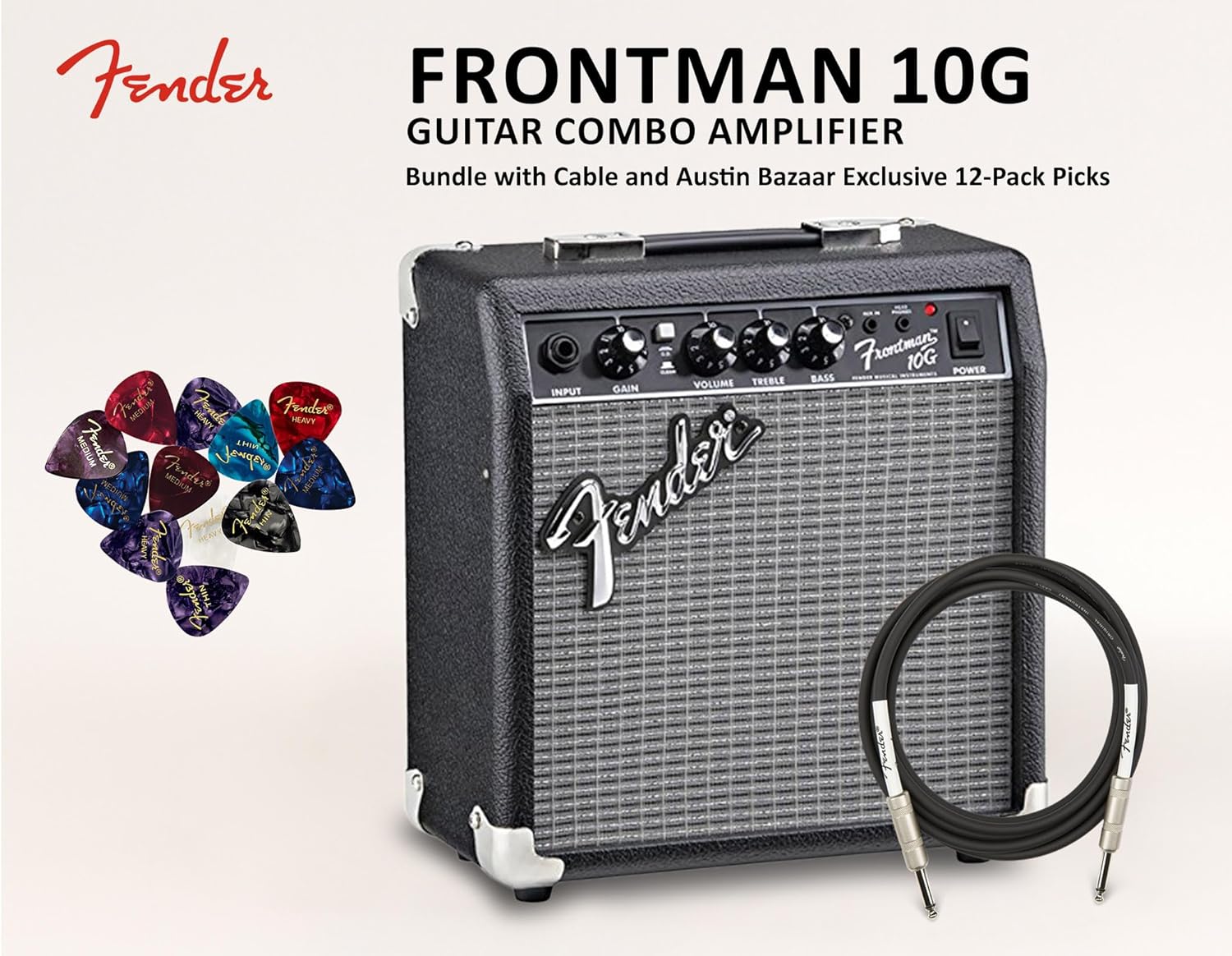 Fender Frontman 10G Guitar Combo Amplifier - Black Bundle with Cable and Austin Bazaar Exclusive 12-Pack Picks Frontman 10G Black Bundle w/ Cable
