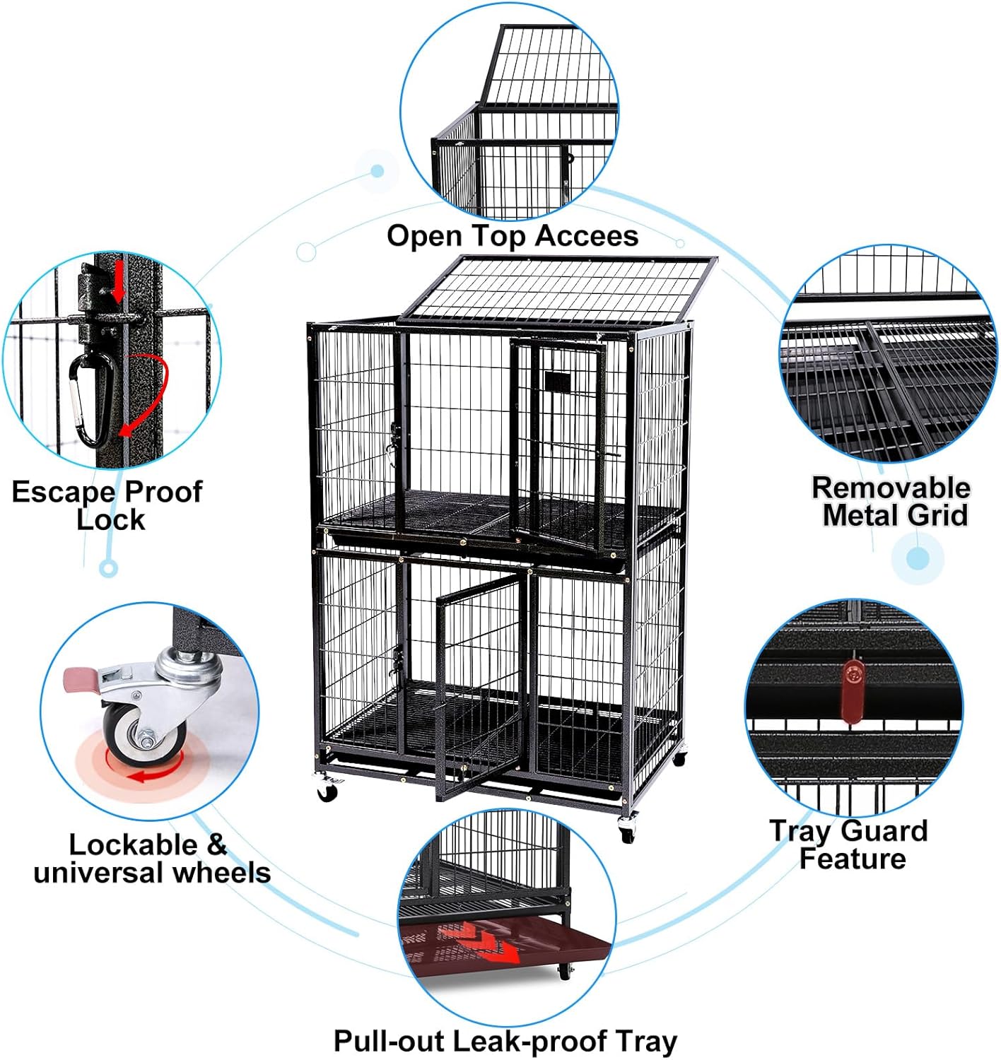 Homey Pet 31 Inch Stackable Heavy Duty Dog Crate Cage Kennel with Four Lockable Wheels, Removable Tray, Escape Proof Wire Drop Dog Crates for Small Dogs (Two Tiers) 31.0