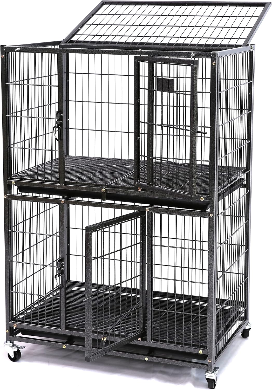 Homey Pet 31 Inch Stackable Heavy Duty Dog Crate Cage Kennel with Four Lockable Wheels, Removable Tray, Escape Proof Wire Drop Dog Crates for Small Dogs (Two Tiers) 31.0