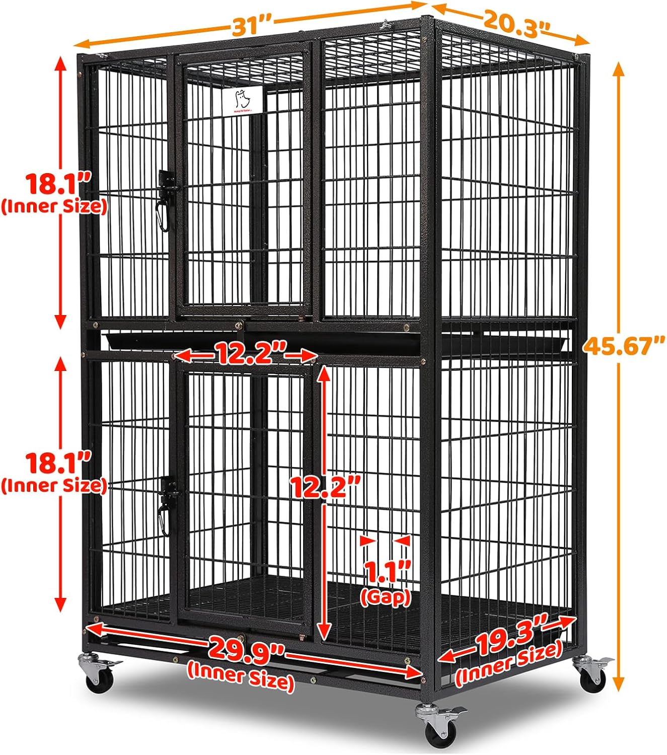Homey Pet 31 Inch Stackable Heavy Duty Dog Crate Cage Kennel with Four Lockable Wheels, Removable Tray, Escape Proof Wire Drop Dog Crates for Small Dogs (Two Tiers) 31.0