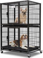 Homey Pet 31 Inch Stackable Heavy Duty Dog Crate Cage Kennel with Four Lockable Wheels, Removable Tray, Escape Proof Wire Drop Dog Crates for Small Dogs (Two Tiers) 31.0