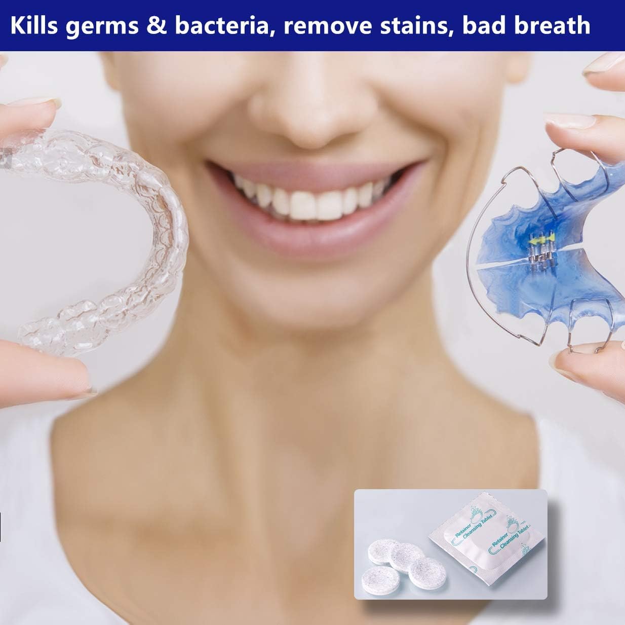 Retainer Cleaner Tablets - 4 Months Supply, Cleaning Tablets for Denture Aligners Invisalign, Mouth Guard Night Guard Cleaner, Remove Odors, Discoloration, Stains & Plaque, Mint