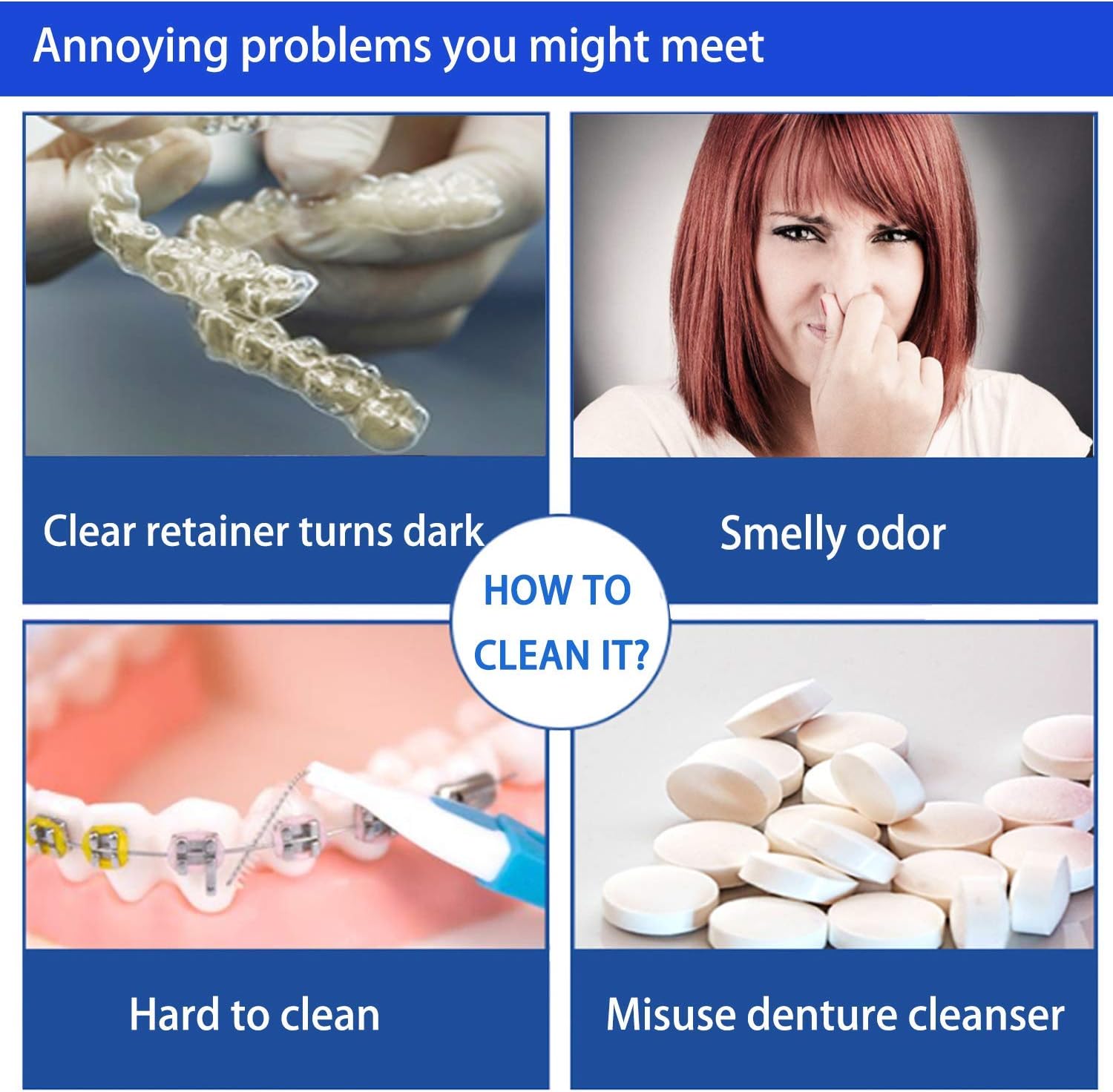 Retainer Cleaner Tablets - 4 Months Supply, Cleaning Tablets for Denture Aligners Invisalign, Mouth Guard Night Guard Cleaner, Remove Odors, Discoloration, Stains & Plaque, Mint
