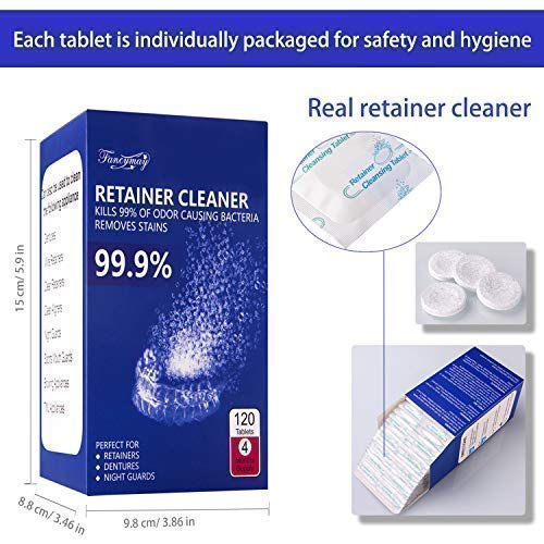 Retainer Cleaner Tablets - 4 Months Supply, Cleaning Tablets for Denture Aligners Invisalign, Mouth Guard Night Guard Cleaner, Remove Odors, Discoloration, Stains & Plaque, Mint