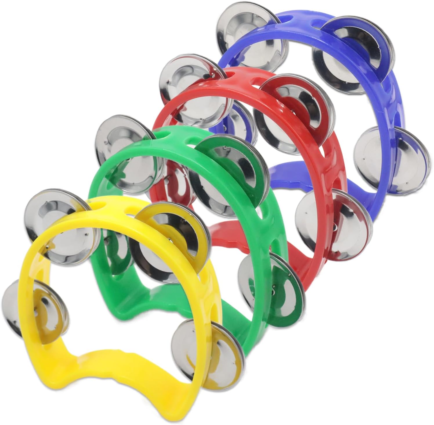 4-Pack Plastic Percussion Handheld Tambourines with 4 Jingle Bells, Mini Hand Bell Percussion, Musical Rhythm Instruments in 4 Colors for Kids, Adults, School and Party