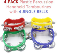 4-Pack Plastic Percussion Handheld Tambourines with 4 Jingle Bells, Mini Hand Bell Percussion, Musical Rhythm Instruments in 4 Colors for Kids, Adults, School and Party