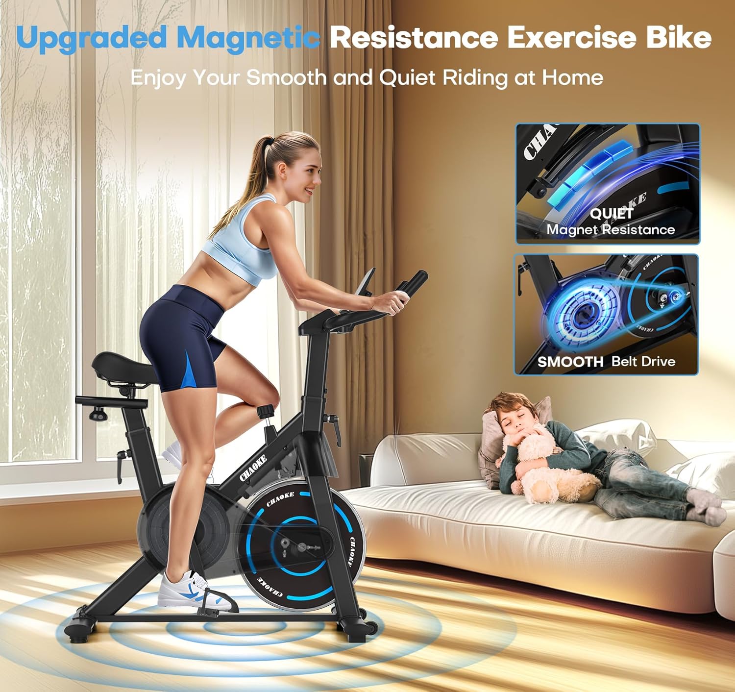 Exercise Bike, CHAOKE Quiet Magnetic Resistance 300LB Capacity Stationary Bike for Home with App Compatible, Indoor Bike with Comfortable Seat and Digital Display Upgraded Magnetic + App Compatible -Black Blue