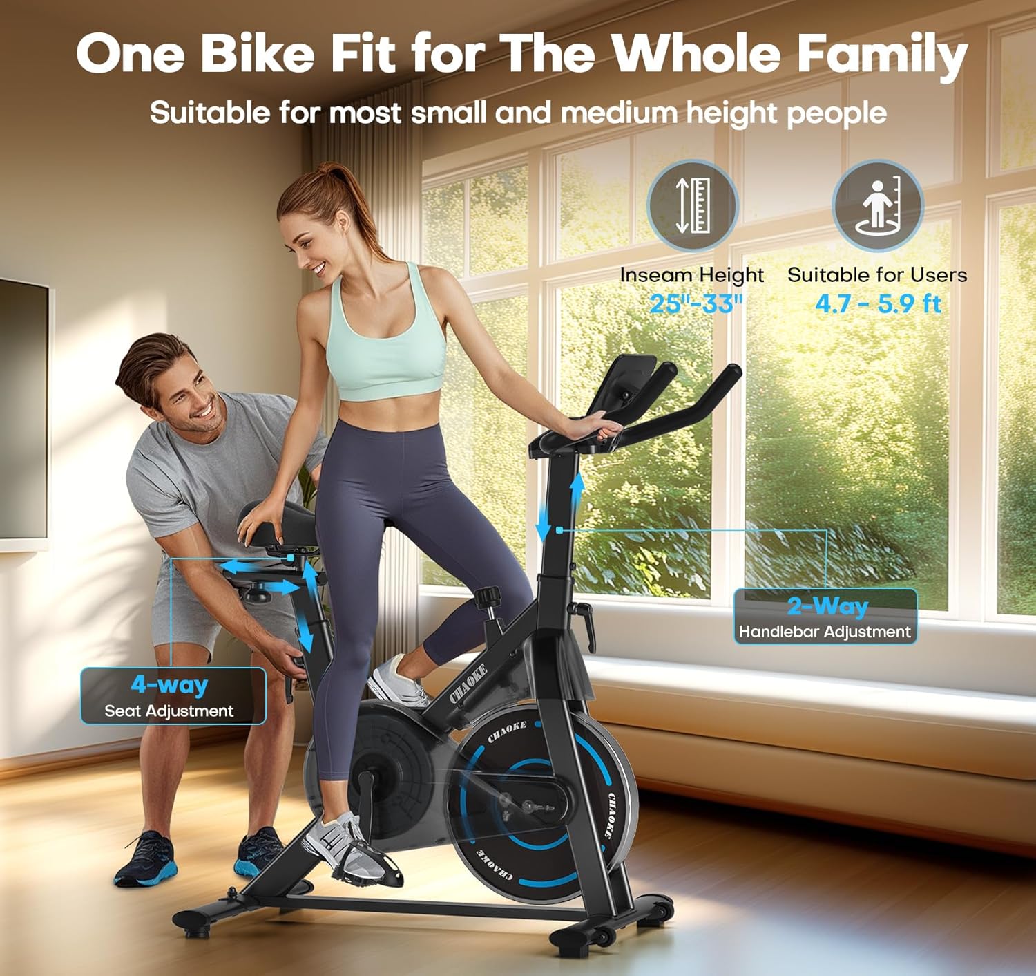 Exercise Bike, CHAOKE Quiet Magnetic Resistance 300LB Capacity Stationary Bike for Home with App Compatible, Indoor Bike with Comfortable Seat and Digital Display Upgraded Magnetic + App Compatible -Black Blue