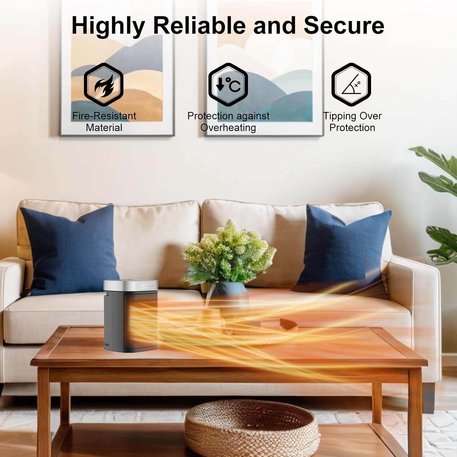 Small Portable Space Heater for Indoor Use - VOCRS 1500W PTC Electric Heater with Thermostat, Remote Control, 12H Timer, Eco and Fan Mode, Rapid and Safe Heating for Office Bedroom