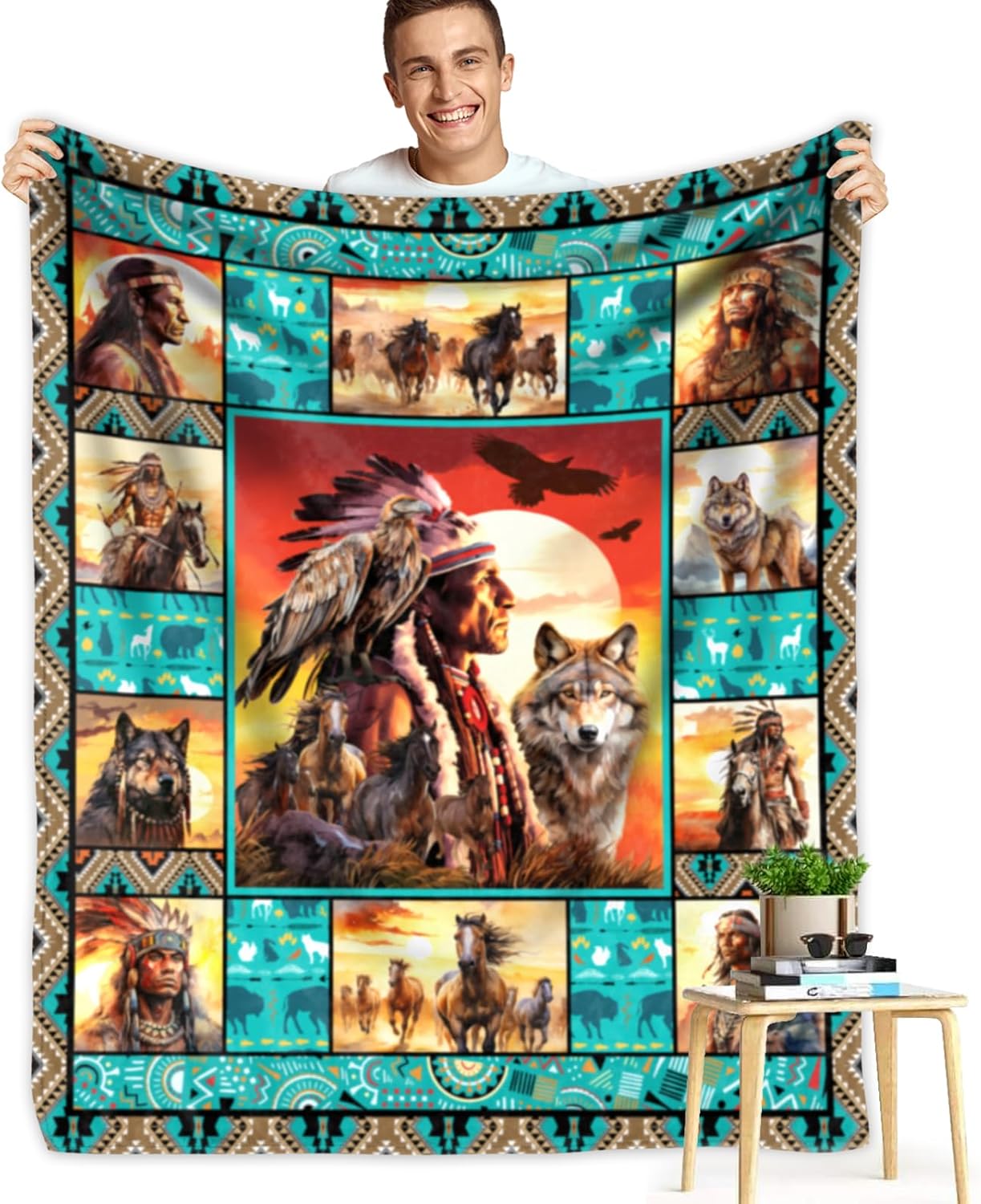 Native American Indian Blankets American Indian Flannel Blanket Southwest Throw Blanket Super Soft Cozy Plush Native American Cacique Blankets for Couch Bed Travelling Camping Gift 50