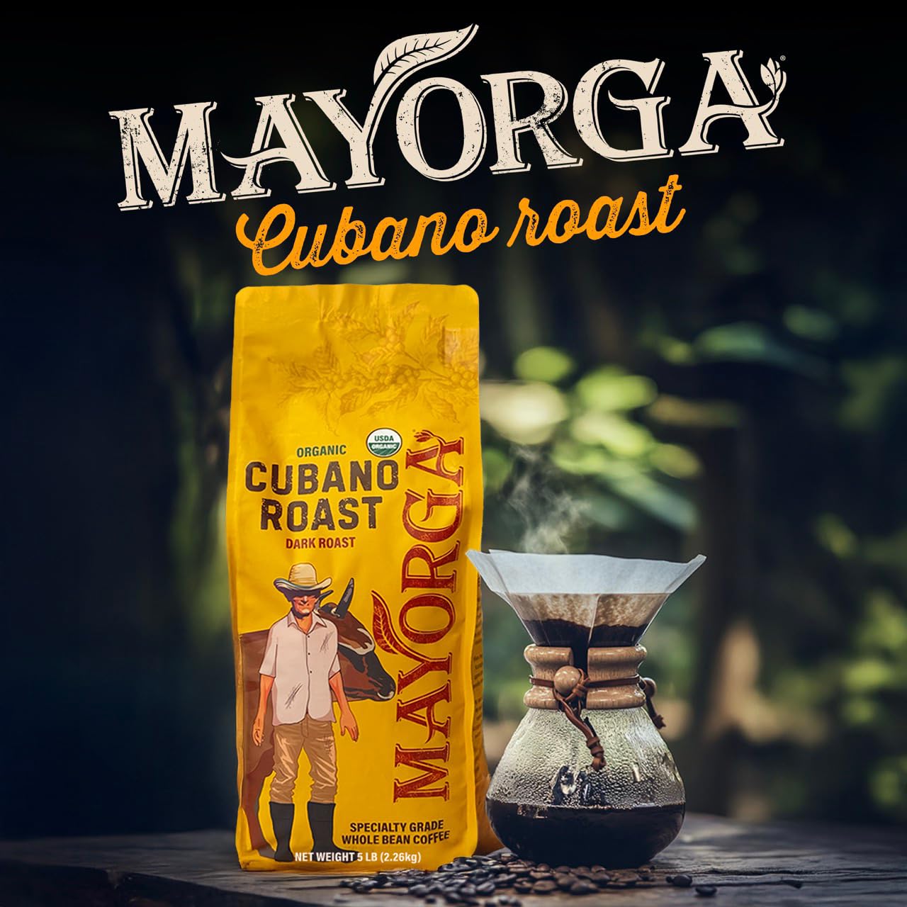 Mayorga Dark Roast Coffee 5lb bag Cubano Roast 100% Arabica Café Whole Coffee Beans - Smoothest Organic Coffee - Specialty Grade, Non-GMO, Direct Trade Cubano Roast - Whole Bean 80 Ounce (Pack of 1)