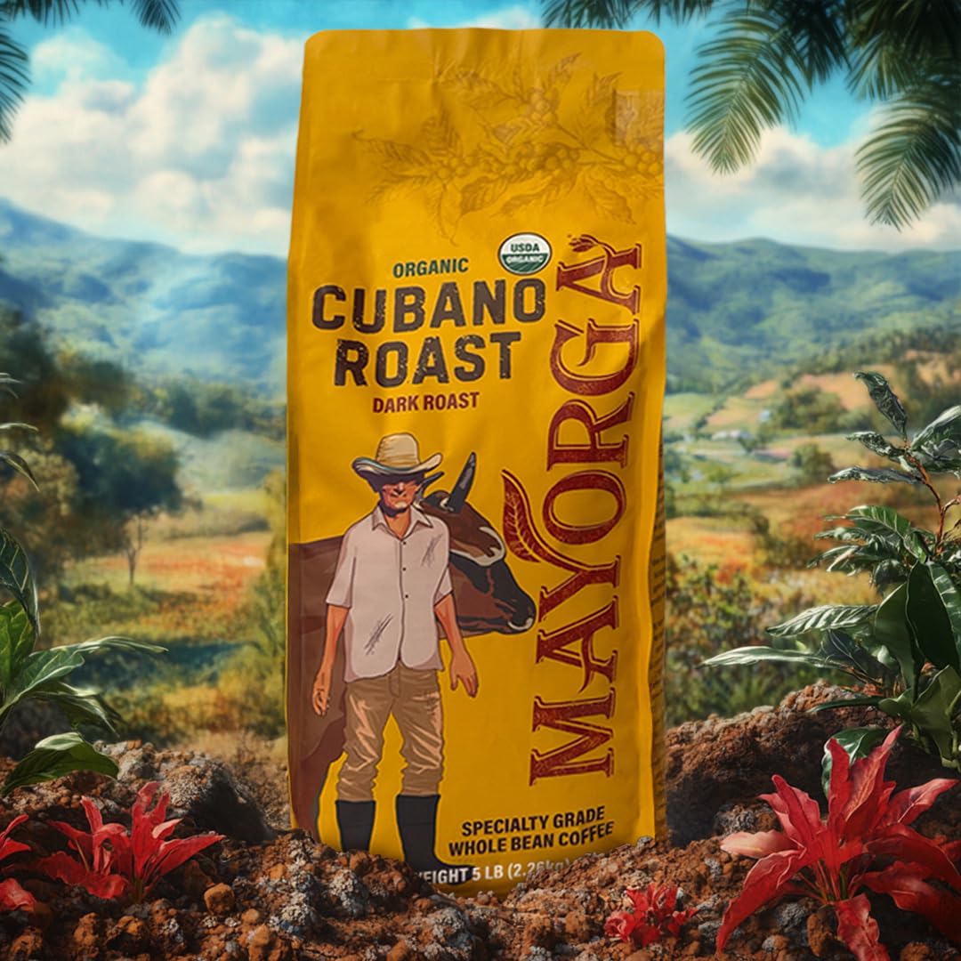 Mayorga Dark Roast Coffee 5lb bag Cubano Roast 100% Arabica Café Whole Coffee Beans - Smoothest Organic Coffee - Specialty Grade, Non-GMO, Direct Trade Cubano Roast - Whole Bean 80 Ounce (Pack of 1)