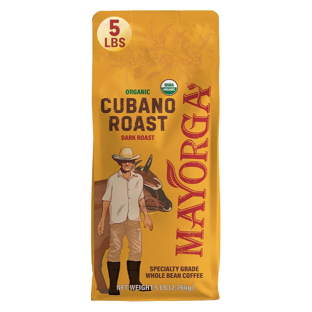 Mayorga Dark Roast Coffee 5lb bag Cubano Roast 100% Arabica Café Whole Coffee Beans - Smoothest Organic Coffee - Specialty Grade, Non-GMO, Direct Trade Cubano Roast - Whole Bean 80 Ounce (Pack of 1)