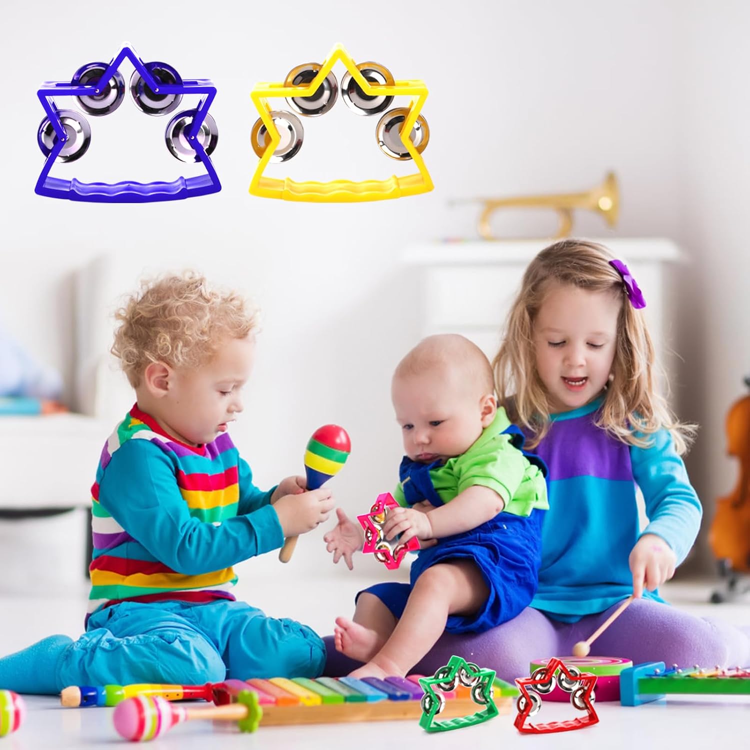 Okllen 20 Pack Plastic Tambourine, Noise Makers Percussion Tambourine Bulk, Star Shape Handheld Tambourines with 4 Bells for Church Christian Kindergarten, 5 Colors