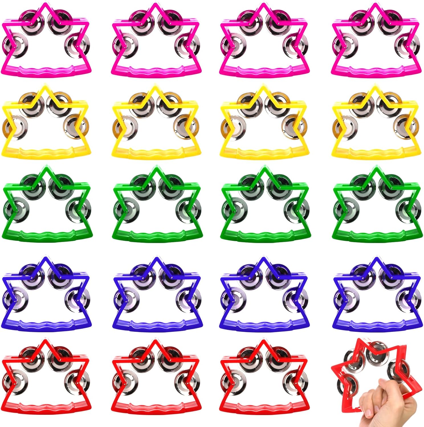 Okllen 20 Pack Plastic Tambourine, Noise Makers Percussion Tambourine Bulk, Star Shape Handheld Tambourines with 4 Bells for Church Christian Kindergarten, 5 Colors