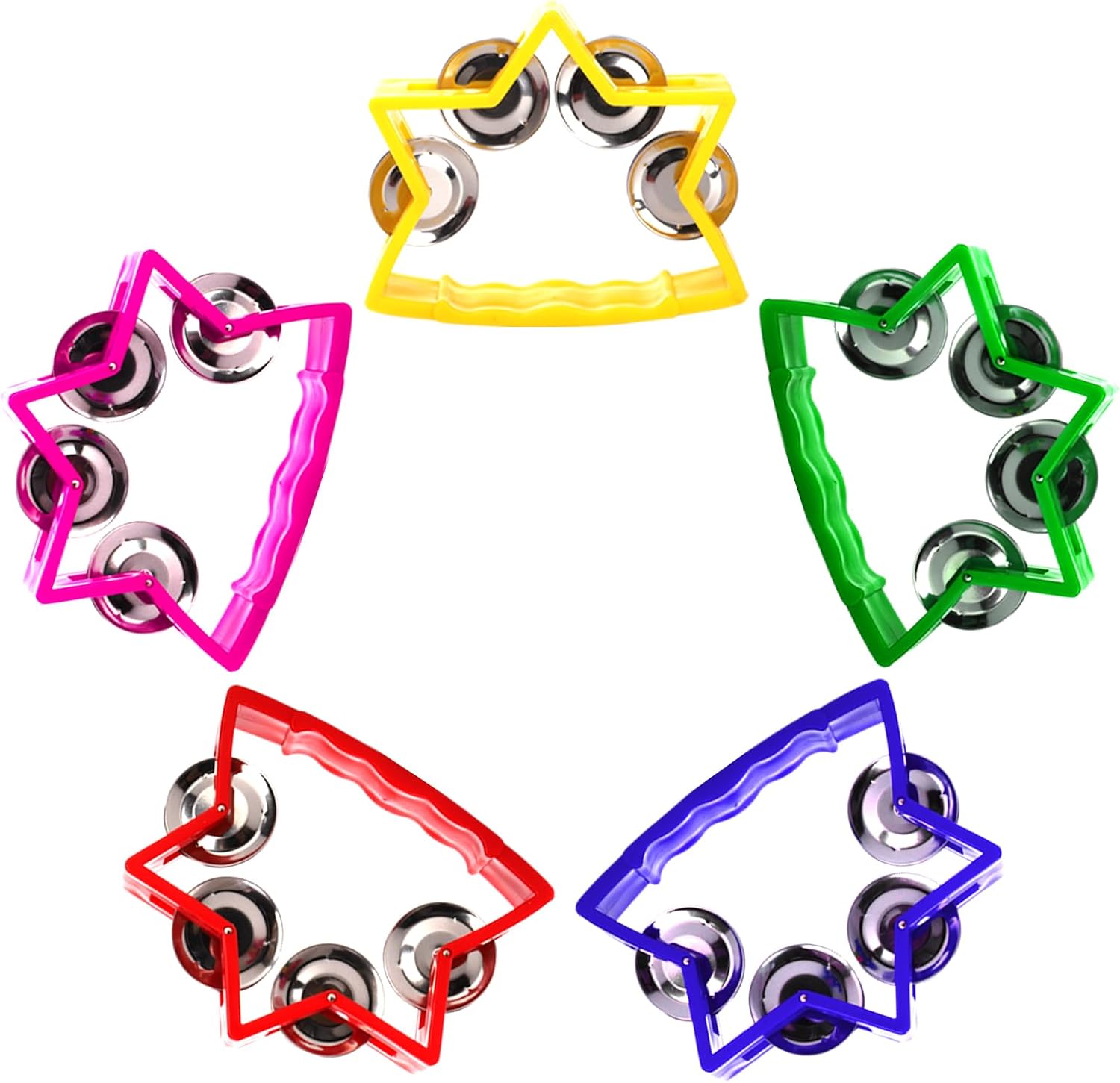 Okllen 20 Pack Plastic Tambourine, Noise Makers Percussion Tambourine Bulk, Star Shape Handheld Tambourines with 4 Bells for Church Christian Kindergarten, 5 Colors