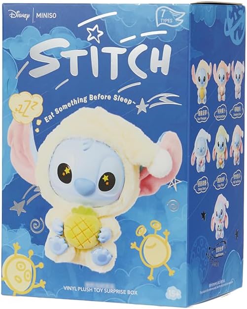 MINISO Disney Stitch Eat Something Before Sleep Collection Vinyl Plush Toy Surprise Box Figure Model Random Design Blind Box Toy Collectible Toy for Home Decor Birthday Gifts (Random One Figure)