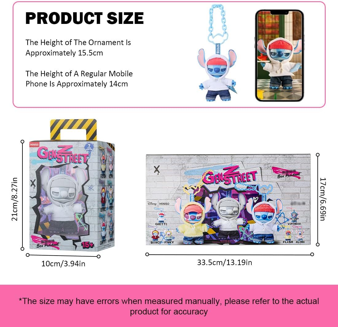 MINISO Disney Stitch GenZ Street Collection Vinyl Plush Pendant Surprise Box Figure Model Random Design Blind Box Toy Collectible Toy for Home Decor Birthday Gifts (Random One Figure)