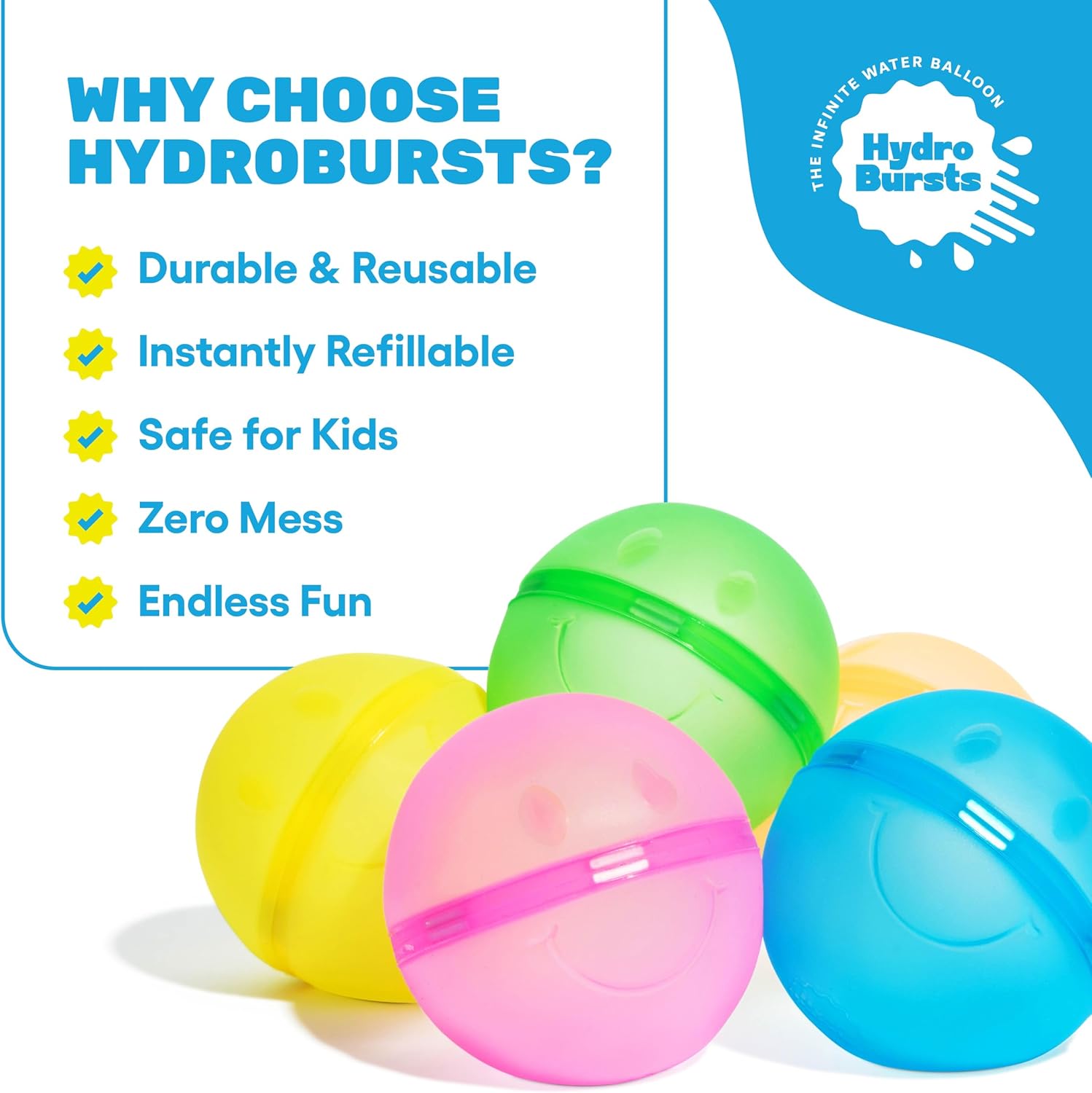 Hydroburst 6-pack Reusable Water Balloons by Relatable, For The Pool, Beach Toys And Outdoor Play Toys, Includes 6 Refillable Balloons 6-pack Happy Face