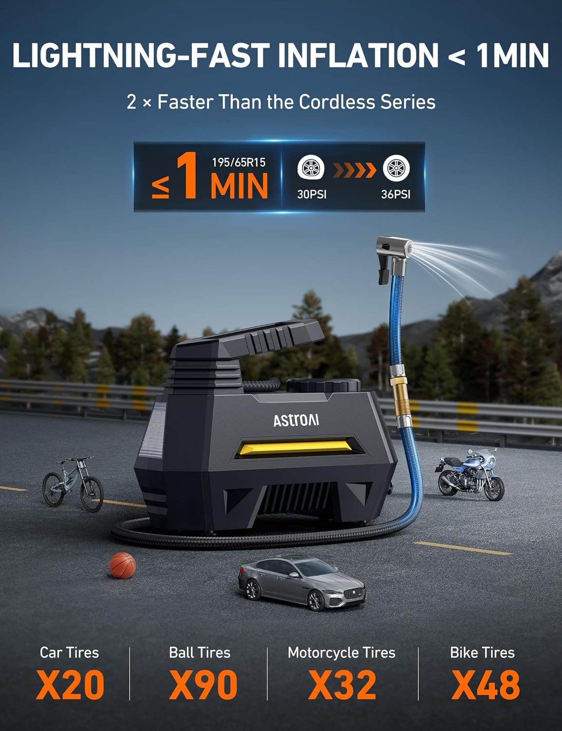 AstroAI Tire Inflator Portable Air Compressor Air Pump for Car Tires-Car Accessories, 9.8Ft Cord-12V DC-Powered Auto Pump with Digital Pressure Gauge, Emergency LED Light for Bicycle, Balloons, Yellow Large Yellow