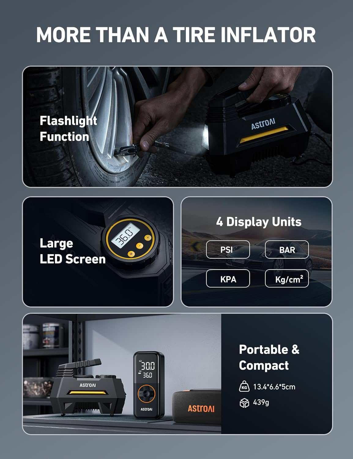 AstroAI Tire Inflator Portable Air Compressor Air Pump for Car Tires-Car Accessories, 9.8Ft Cord-12V DC-Powered Auto Pump with Digital Pressure Gauge, Emergency LED Light for Bicycle, Balloons, Yellow Large Yellow