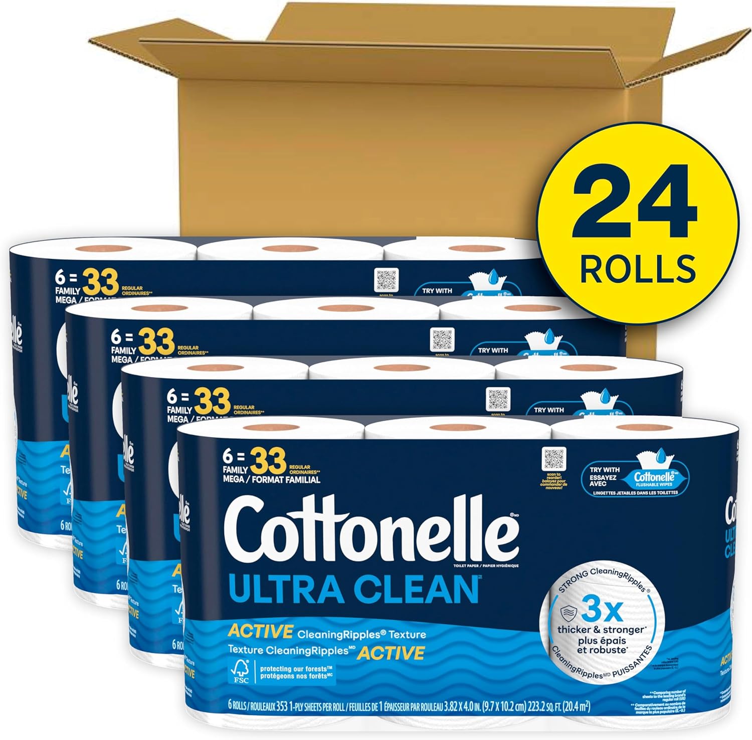 Cottonelle Ultra Clean Toilet Paper with Active CleaningRipples Texture, Strong Bath Tissue, 24 Family Mega Rolls = 132 Regular Rolls (4 Packs of 6) Family Mega Rolls 353 Sheets (Pack of 24)