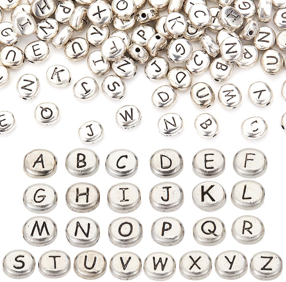 SUNNYCLUE 1 Box 104Pcs Metal Letter Beads Alphabet Beads Bulk Alloy Oval Tibetan Antique Silver Capital English A-Z Bead for Jewelry Making DIY Crafting Name Necklace Bracelet Keychain Women Beginners