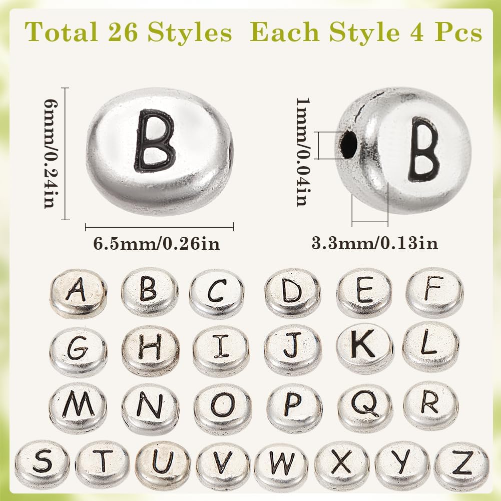 SUNNYCLUE 1 Box 104Pcs Metal Letter Beads Alphabet Beads Bulk Alloy Oval Tibetan Antique Silver Capital English A-Z Bead for Jewelry Making DIY Crafting Name Necklace Bracelet Keychain Women Beginners