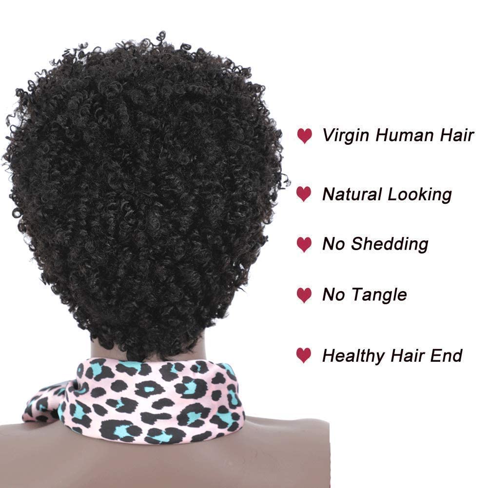 Ms Taj Afro Kinky Human Hair Wigs for Black Women Brazilian Virgin Short Curly Wigs None Lace 150% Density Unprocessed Afro Wig Human Hair Curly Machine Made (Natural Color, afro wig) Short Natural Color afro wig