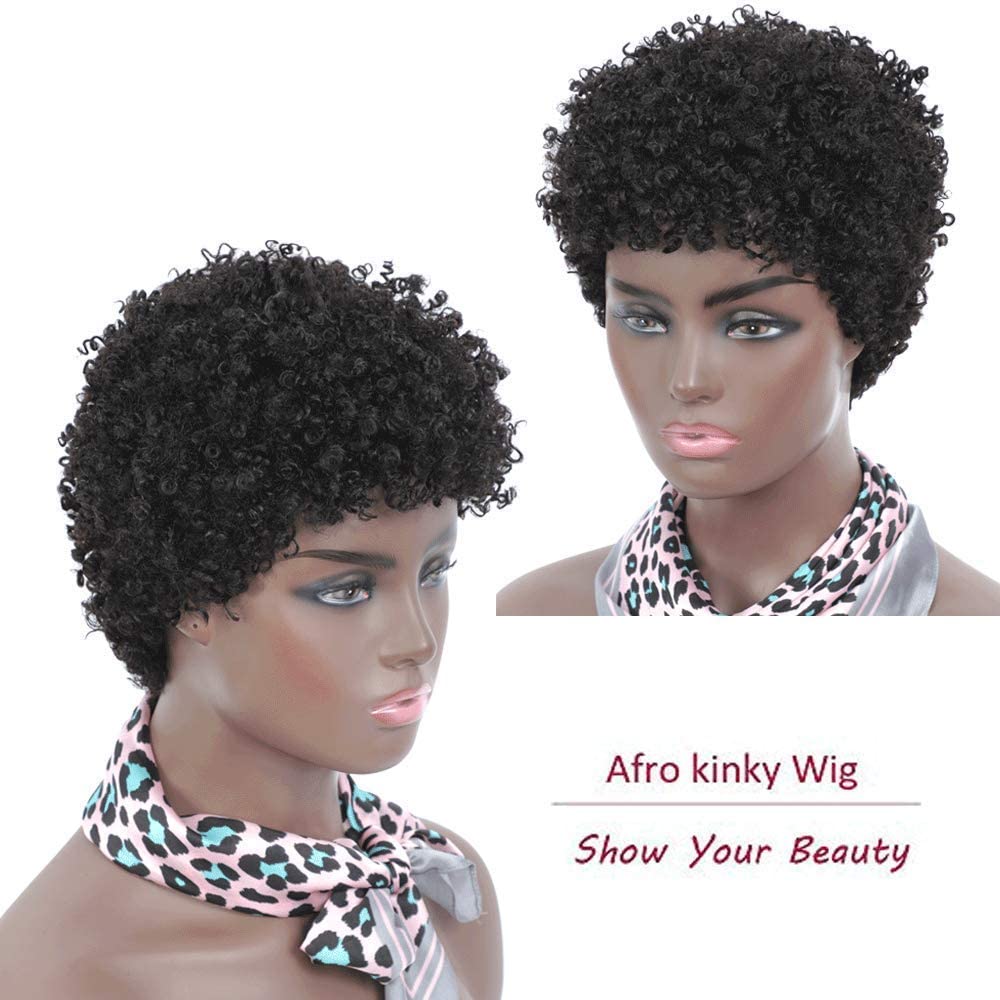 Ms Taj Afro Kinky Human Hair Wigs for Black Women Brazilian Virgin Short Curly Wigs None Lace 150% Density Unprocessed Afro Wig Human Hair Curly Machine Made (Natural Color, afro wig) Short Natural Color afro wig