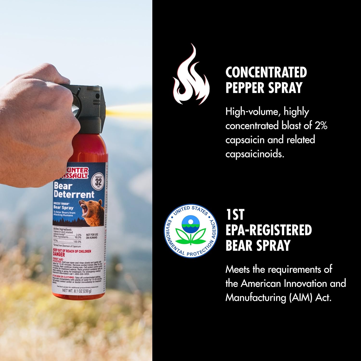 Counter Assault Bear Spray - Bears, Mountain Lions, Coyotes - Long-Range 32ft Distance - Pepper Spray Safety Gear for Hiking & Camping Protection - 2% Capsaicin - 8.1 oz with Holster