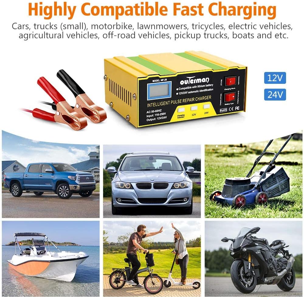 Outerman Car Battery Charger 12V 24V Lithium Battery Charger, Auto Battery Charger Maintainer for Car Boat Motorcycle Lawn Mower Lead Acid Battery or Lithium Battery Capacity: 6AH~105AH