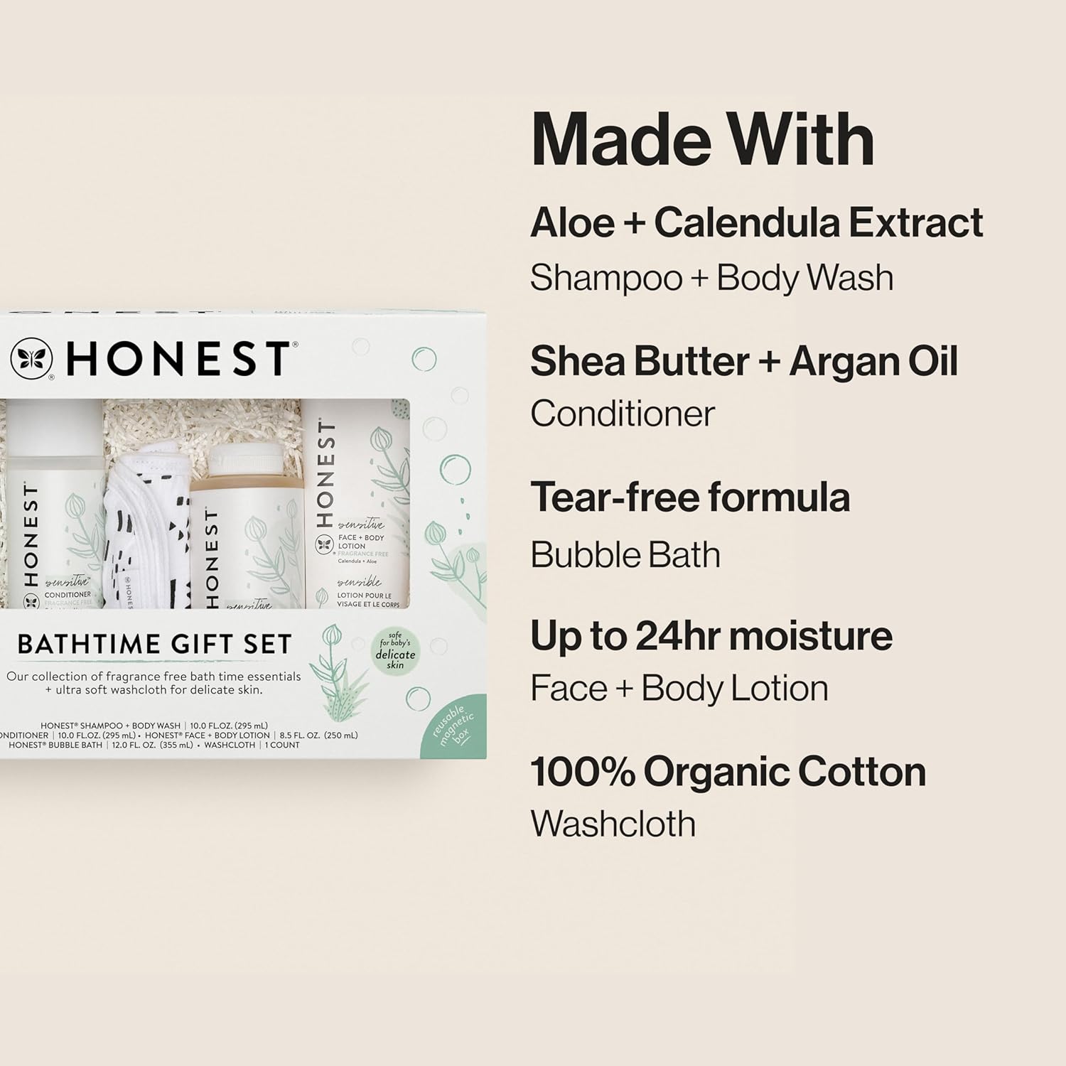 The Honest Company Fragrance-Free Bathtime Gift Set, Hypoallergenic, Bath Essentials for Sensitive Skin, Shampoo and Body Wash, Face Lotion, Bubble Bath, Conditioner, Wash Cloth Bathtime, Fragrance Free
