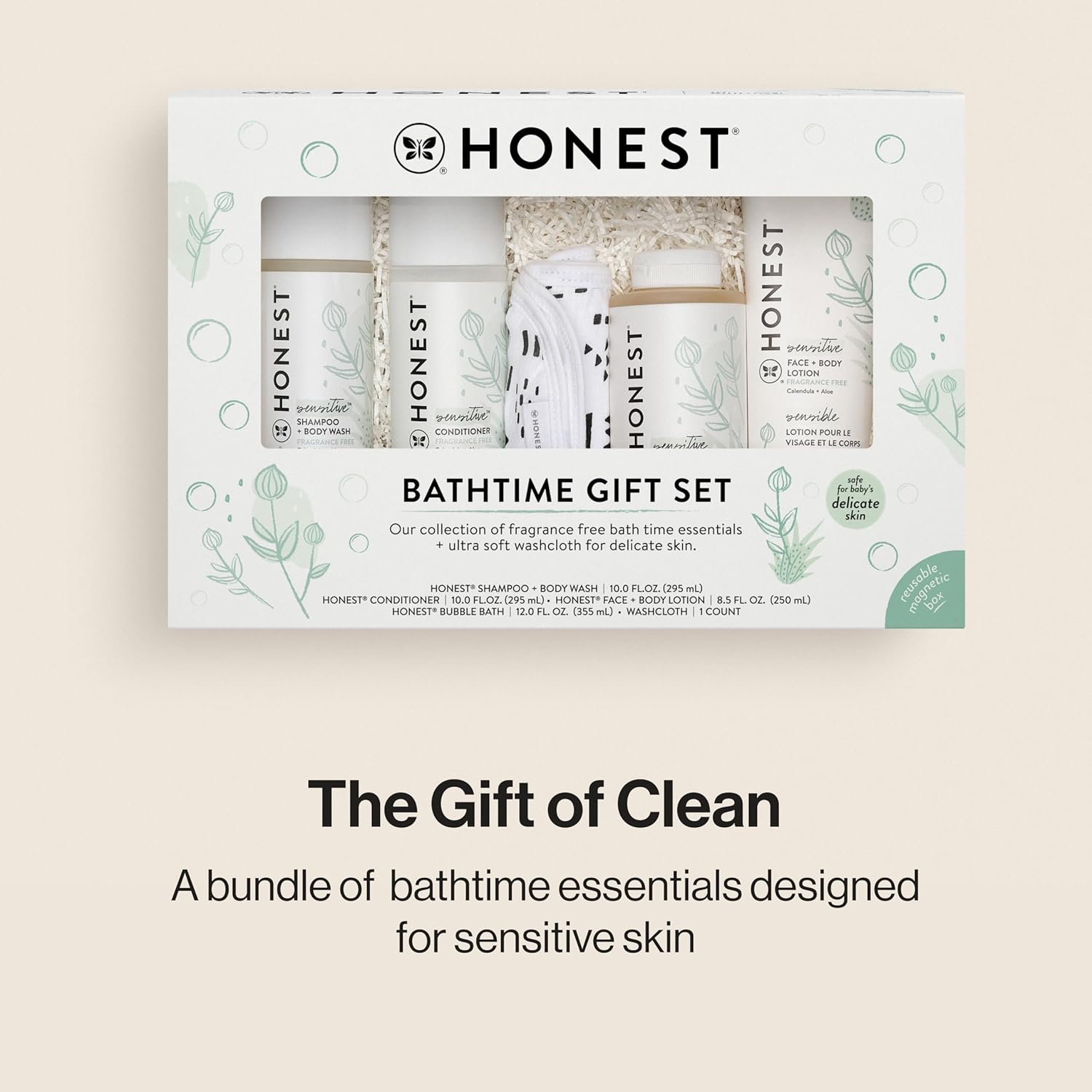 The Honest Company Fragrance-Free Bathtime Gift Set, Hypoallergenic, Bath Essentials for Sensitive Skin, Shampoo and Body Wash, Face Lotion, Bubble Bath, Conditioner, Wash Cloth Bathtime, Fragrance Free