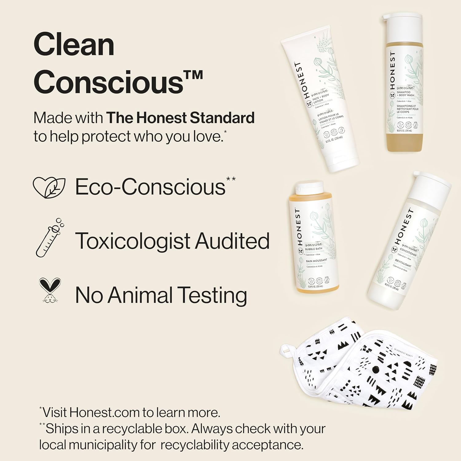 The Honest Company Fragrance-Free Bathtime Gift Set, Hypoallergenic, Bath Essentials for Sensitive Skin, Shampoo and Body Wash, Face Lotion, Bubble Bath, Conditioner, Wash Cloth Bathtime, Fragrance Free