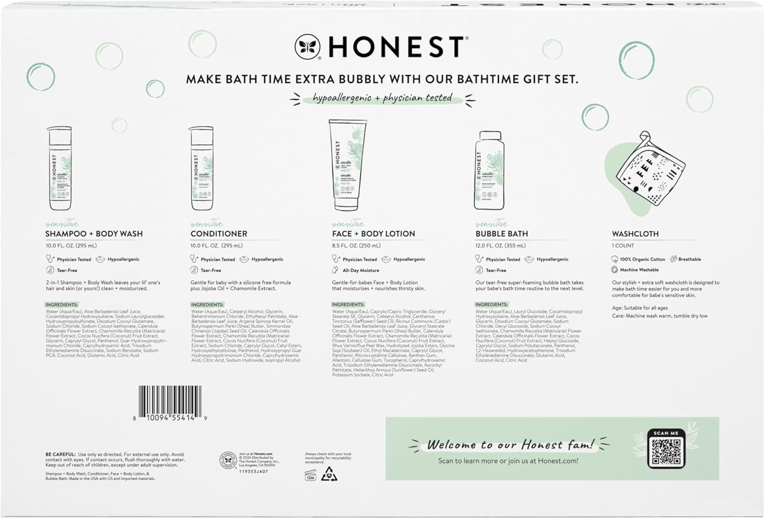 The Honest Company Fragrance-Free Bathtime Gift Set, Hypoallergenic, Bath Essentials for Sensitive Skin, Shampoo and Body Wash, Face Lotion, Bubble Bath, Conditioner, Wash Cloth Bathtime, Fragrance Free