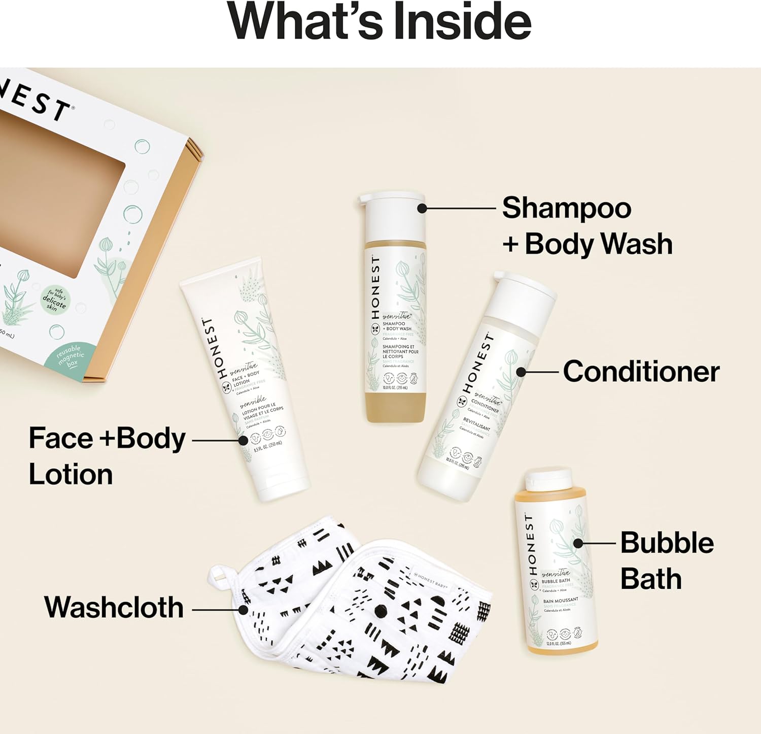 The Honest Company Fragrance-Free Bathtime Gift Set, Hypoallergenic, Bath Essentials for Sensitive Skin, Shampoo and Body Wash, Face Lotion, Bubble Bath, Conditioner, Wash Cloth Bathtime, Fragrance Free