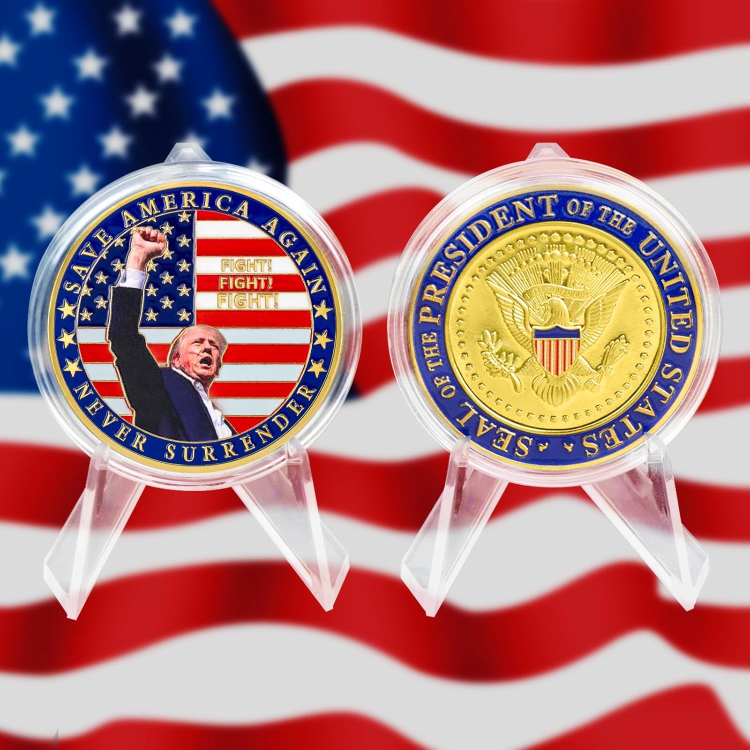 Donald Trump Challenge Coin, President Donald Trump Coin 2024 Collection, Never Surrender-Save America Again Challenge Coin, Limited Edition Collectible Presidential Memorabilia New-red