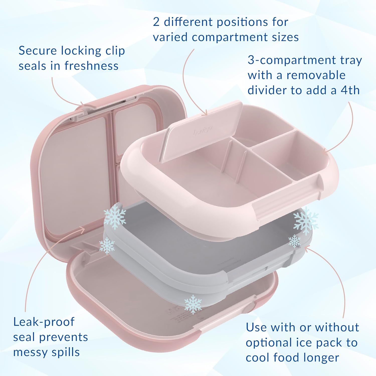 Bentgo Chill Max Leak-Proof XL Lunch Box - Included Ice Pack Keeps Food Cold; 5-Cup Capacity for Ages 8+, 3 or 4 Compartment Bento Box, BPA-Free, Dishwasher Safe (Pink Cloud & Blush)