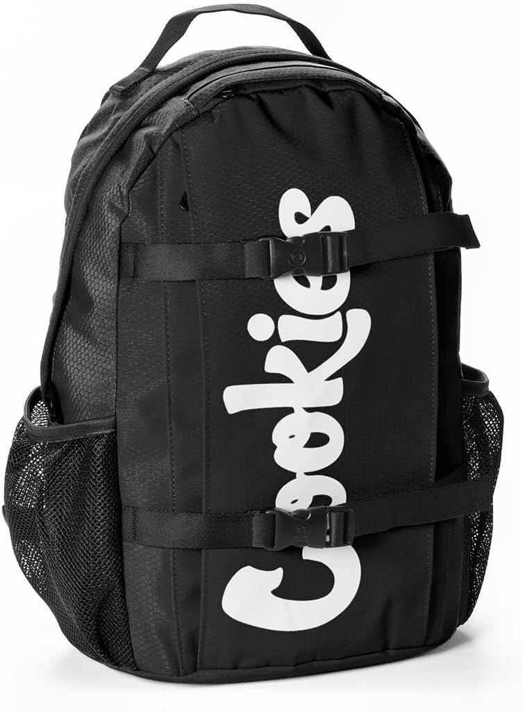 COOKIES Non-Standard Ripstop Nylon Backpack – Durable Tear-Resistant Bag with Heavy-Duty Zippers, Mesh Side Pockets, Adjustable Straps & Laptop Storage – Stylish Streetwear Travel Backpack - Black