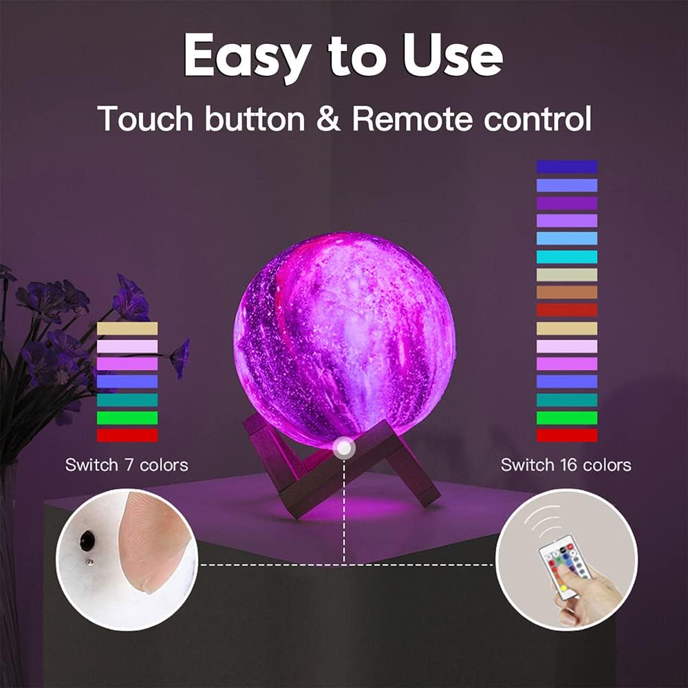 BRIGHTWORLD Moon Lamp Galaxy Lamp 5.9 inch 16 Colors LED 3D Moon Light, Remote & Touch Control Moon Night Light Christmas Gifts for Girls Boys Kids Women Birthday（Wooden Base）