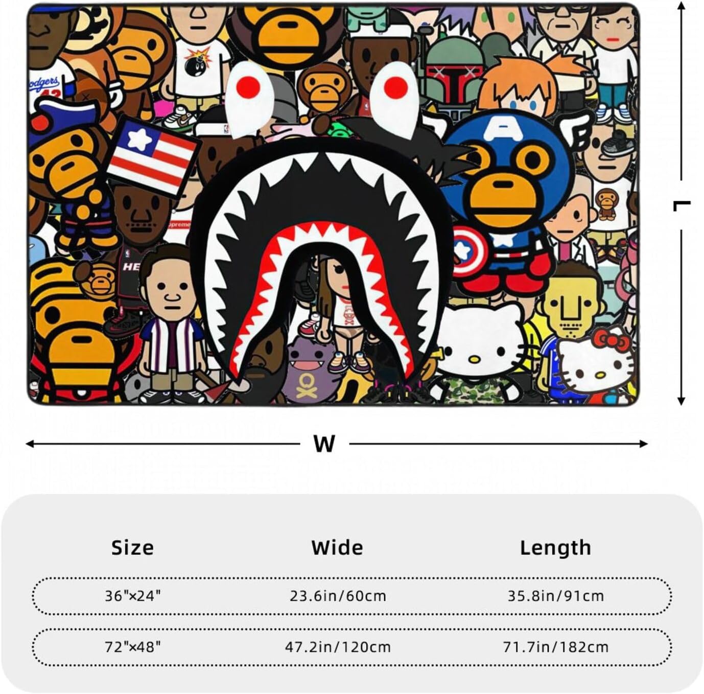 Large Outdoor Rug Anime Camouflage Shark Bape Rug, Non-Slip Bathroom Rugs, Kitchen Rugs Home Decor Carpet Area Rugs for Bedroom 36