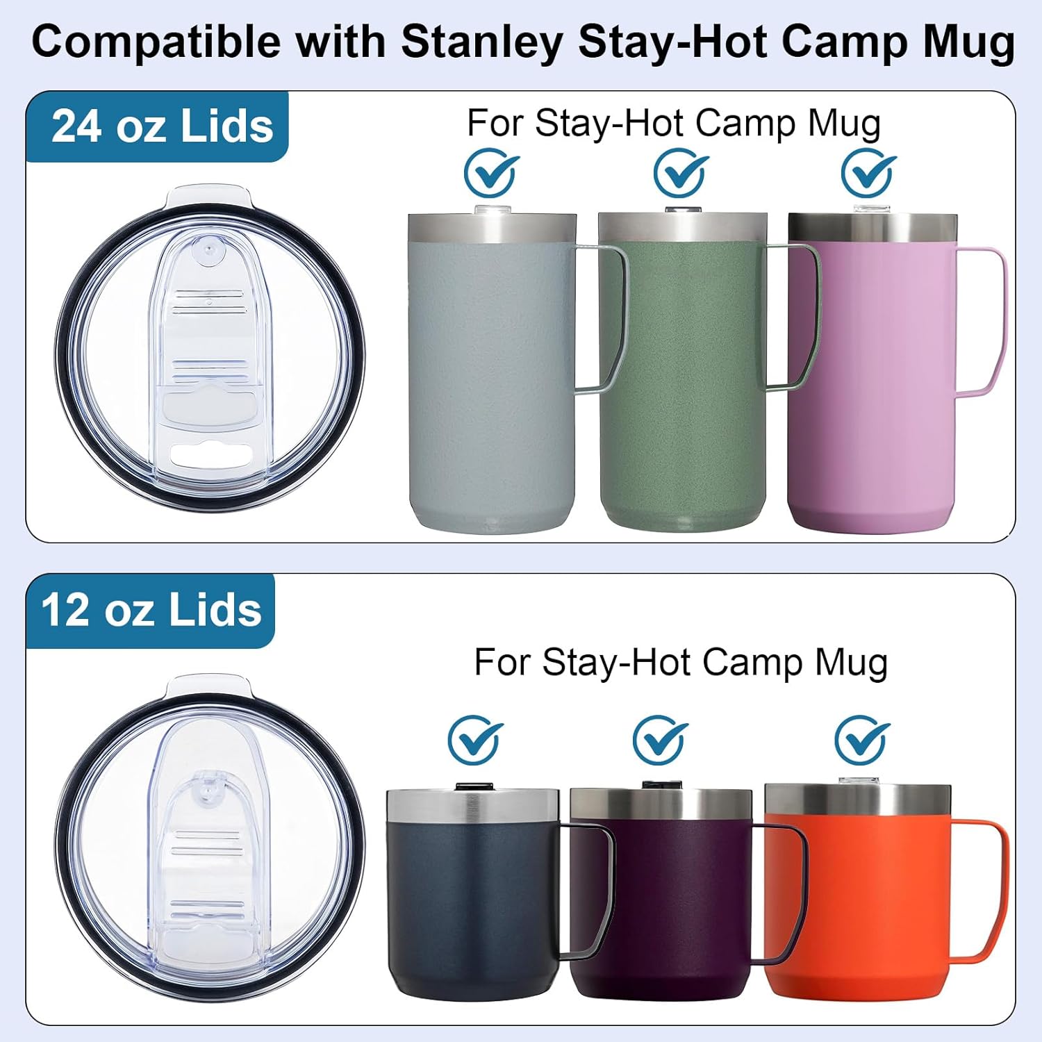 Replacement Lids Compatible with Stanley 12 oz & 24oz Camp Mug, 2Pack Leak Proof Cup Insulated Lids for Stainless Steel Coffee Mug（Cups NOT Included）