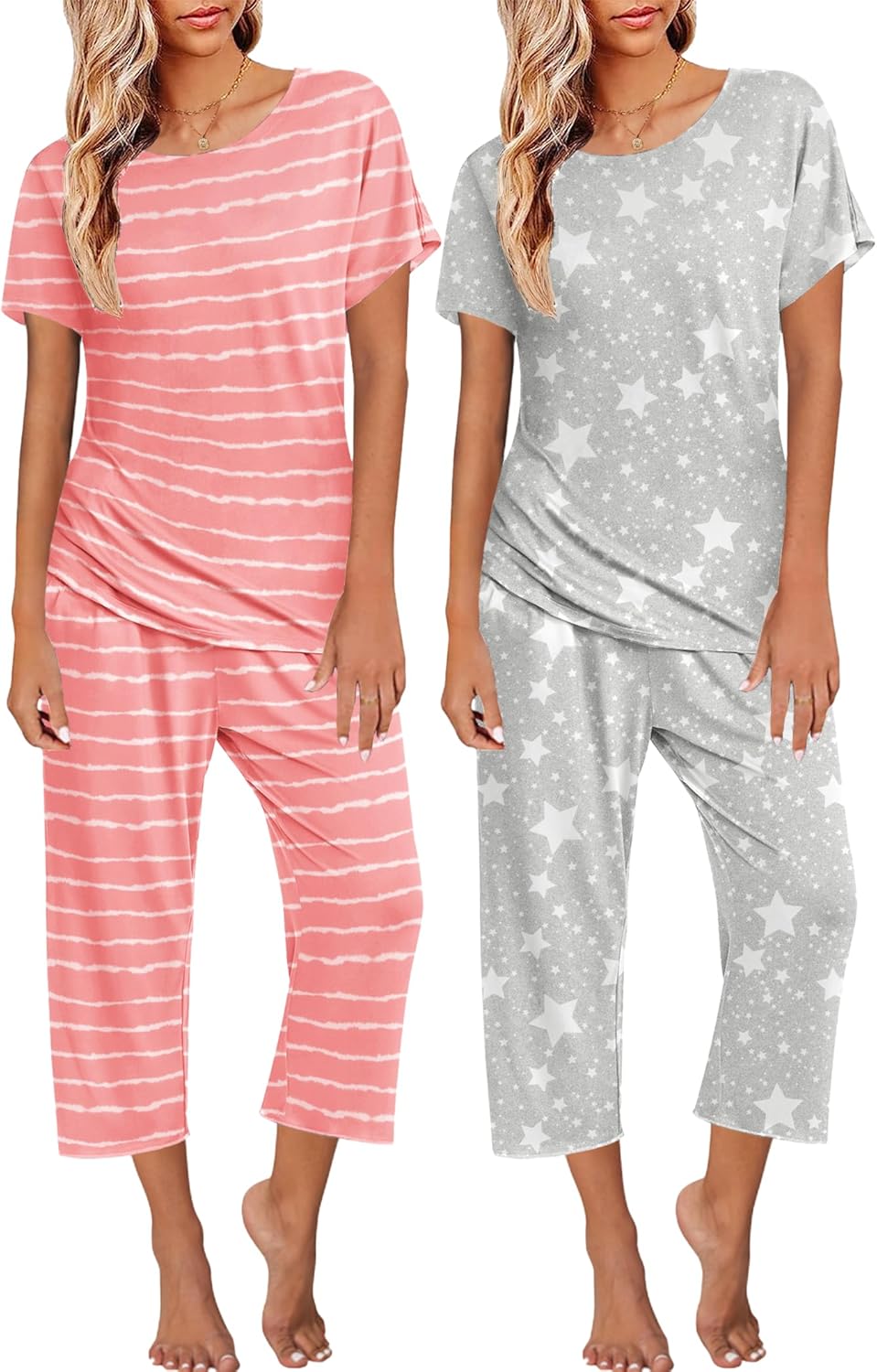 Ekouaer 2 Pack: Womens Pajamas Short Sleeve Sleepwear Tops and Capri Pants Pjs Print Pajama Sets Large Pink Stripe, Grey Stars