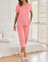 Ekouaer 2 Pack: Womens Pajamas Short Sleeve Sleepwear Tops and Capri Pants Pjs Print Pajama Sets Large Pink Stripe, Grey Stars