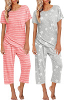 Ekouaer 2 Pack: Womens Pajamas Short Sleeve Sleepwear Tops and Capri Pants Pjs Print Pajama Sets Large Pink Stripe, Grey Stars