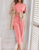 Ekouaer 2 Pack: Womens Pajamas Short Sleeve Sleepwear Tops and Capri Pants Pjs Print Pajama Sets Large Pink Stripe, Grey Stars