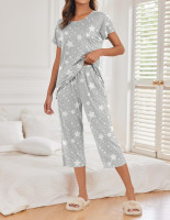 Ekouaer 2 Pack: Womens Pajamas Short Sleeve Sleepwear Tops and Capri Pants Pjs Print Pajama Sets Large Pink Stripe, Grey Stars